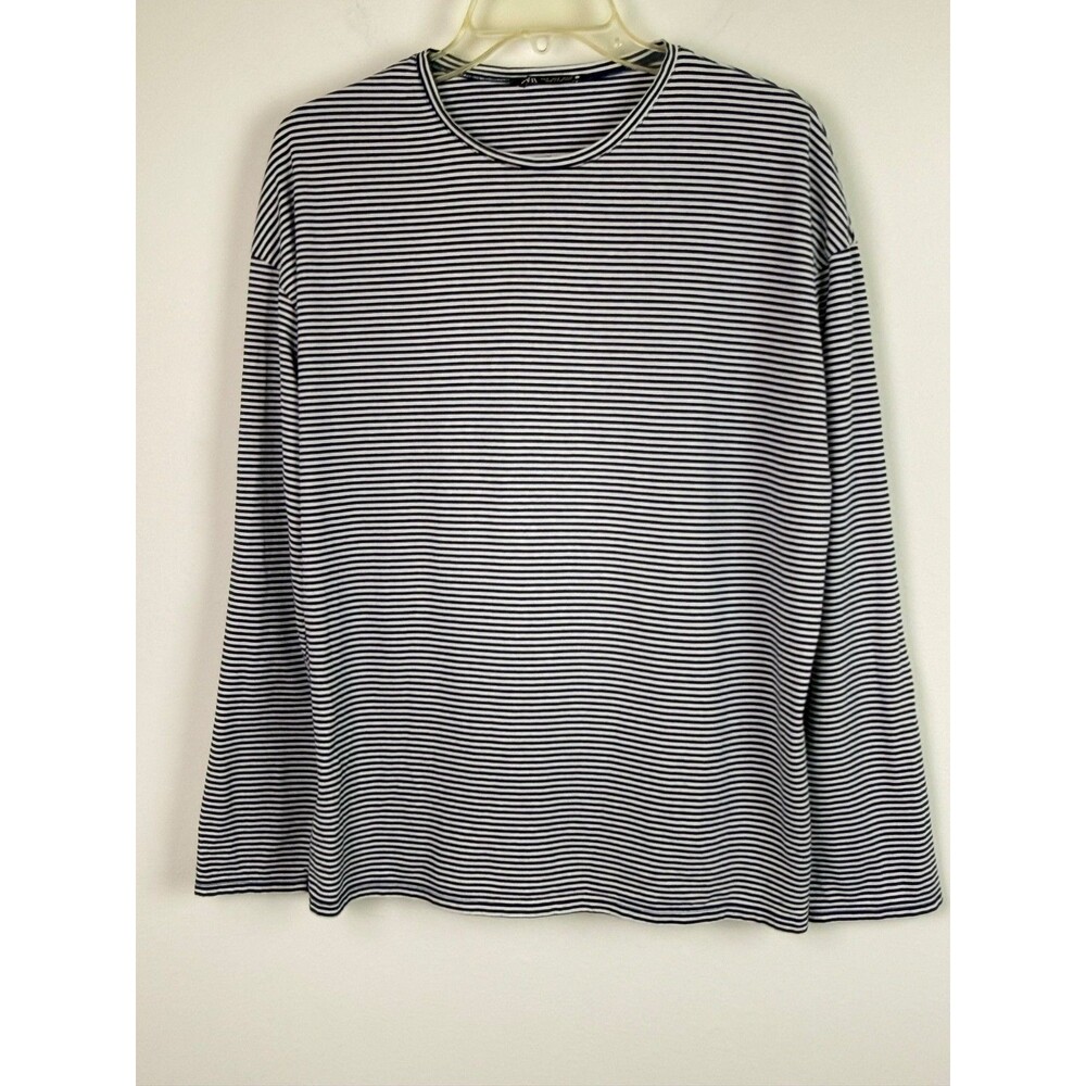Zara Women's Long Sleeve Oversized Striped Cotton Tee Blue White Small